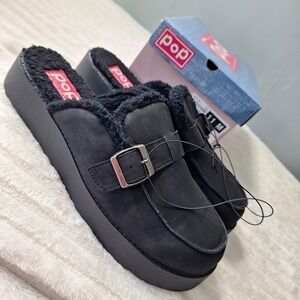 Pop Celica Faux Suede Sherpa Mule Clog Shoes Womens 11M Black Granola Girl Lug